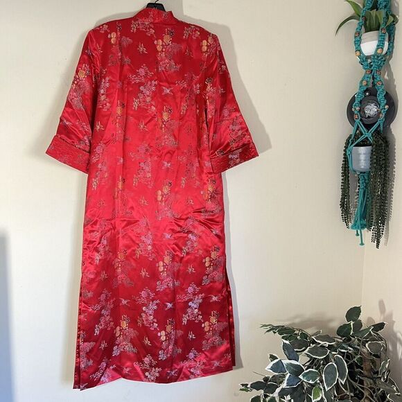 VTG Solz Squirrel Chinese Long Robe Dress Jacket Red Embroidered Pockets L Satin - Picture 5 of 8
